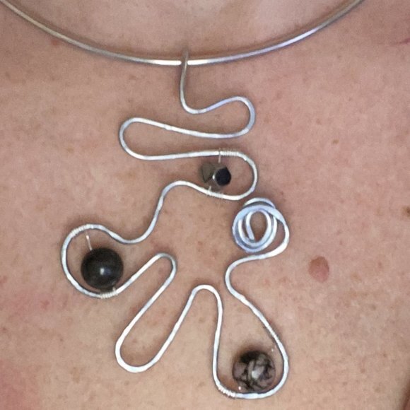 Artisan Created Hammered Stainless Steel Pendant with Rhodonite & Hematite - Picture 5 of 12